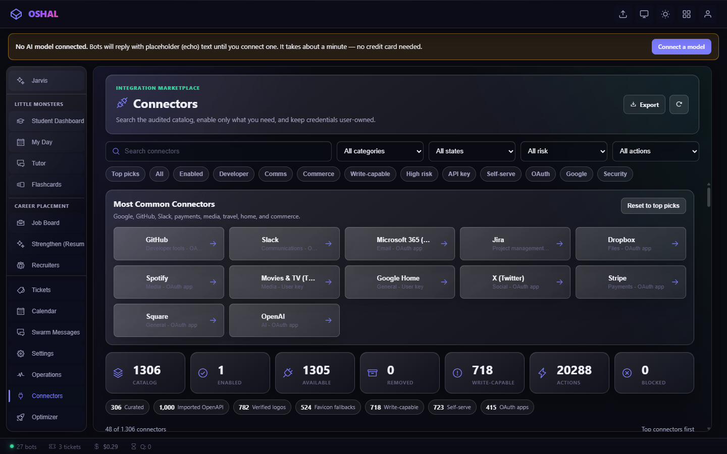 The cockpit connector marketplace: a searchable catalog of 1,306 connectors with per-user credentials, risk filters, and live counts